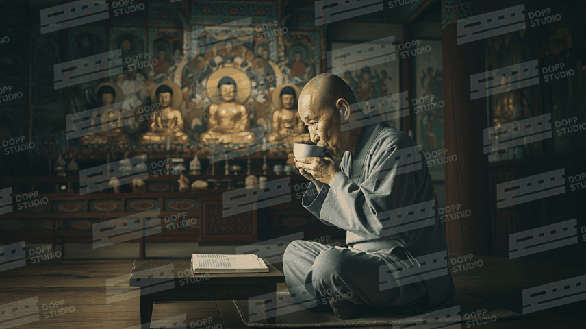 차 마시는 스님 /  Full shot of the monk conducting the tea ceremony